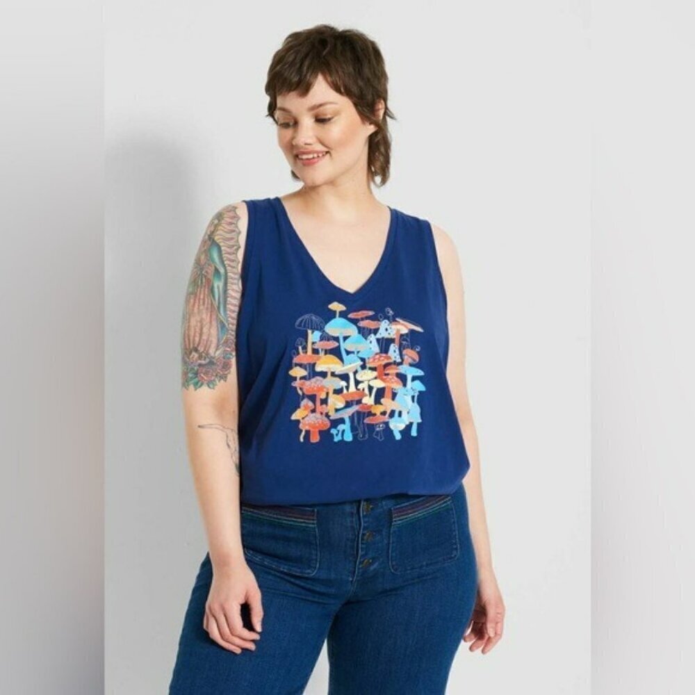 ModCloth Mushroom Graphic Tank Top Blue Organic Cotton M NWT